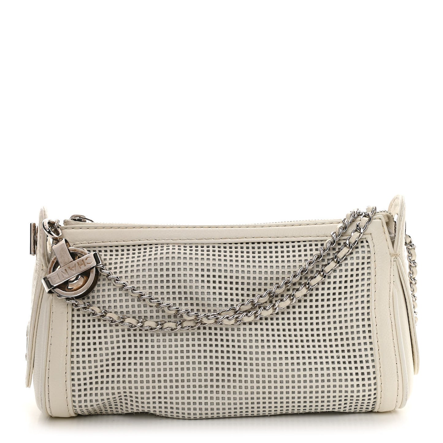 Caviar Perforated Pulley Shoulder Bag White