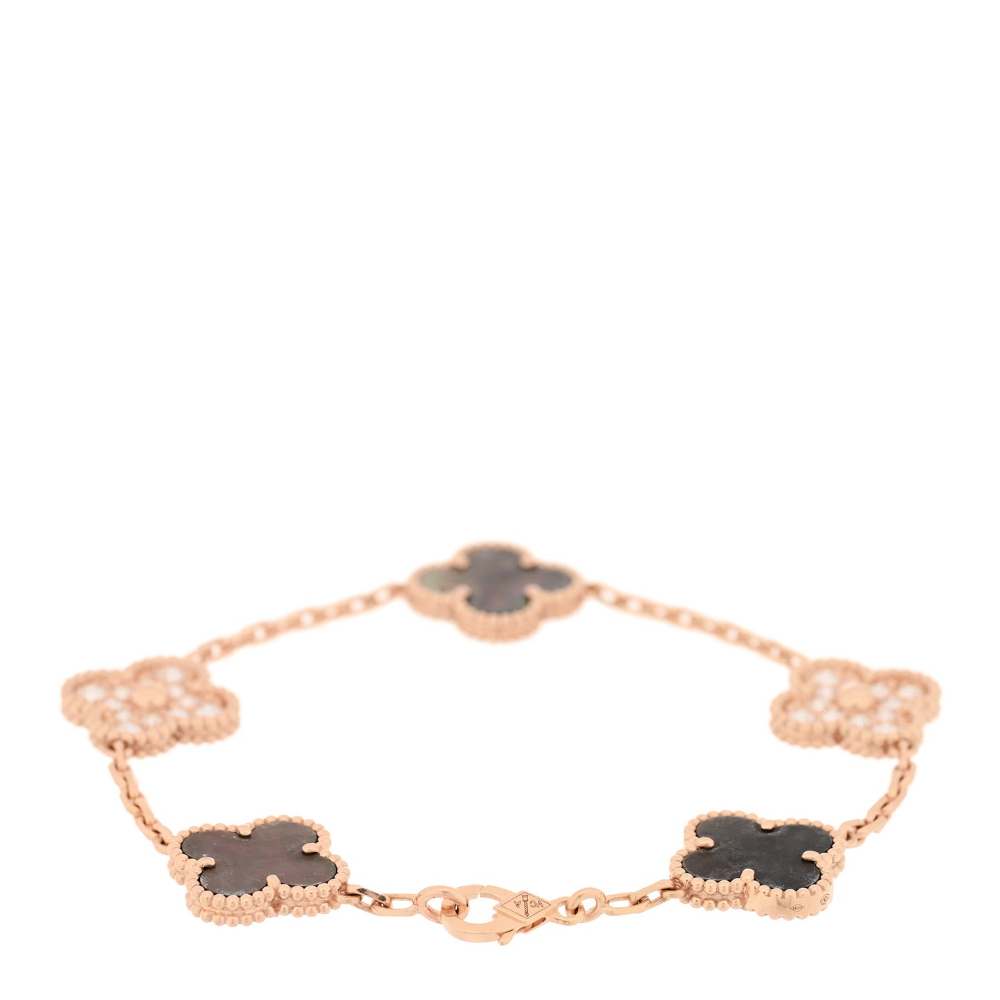 18K Rose Gold Diamond Gray Mother of Pearl 5 Motifs Vintage Alhambra Bracelet
