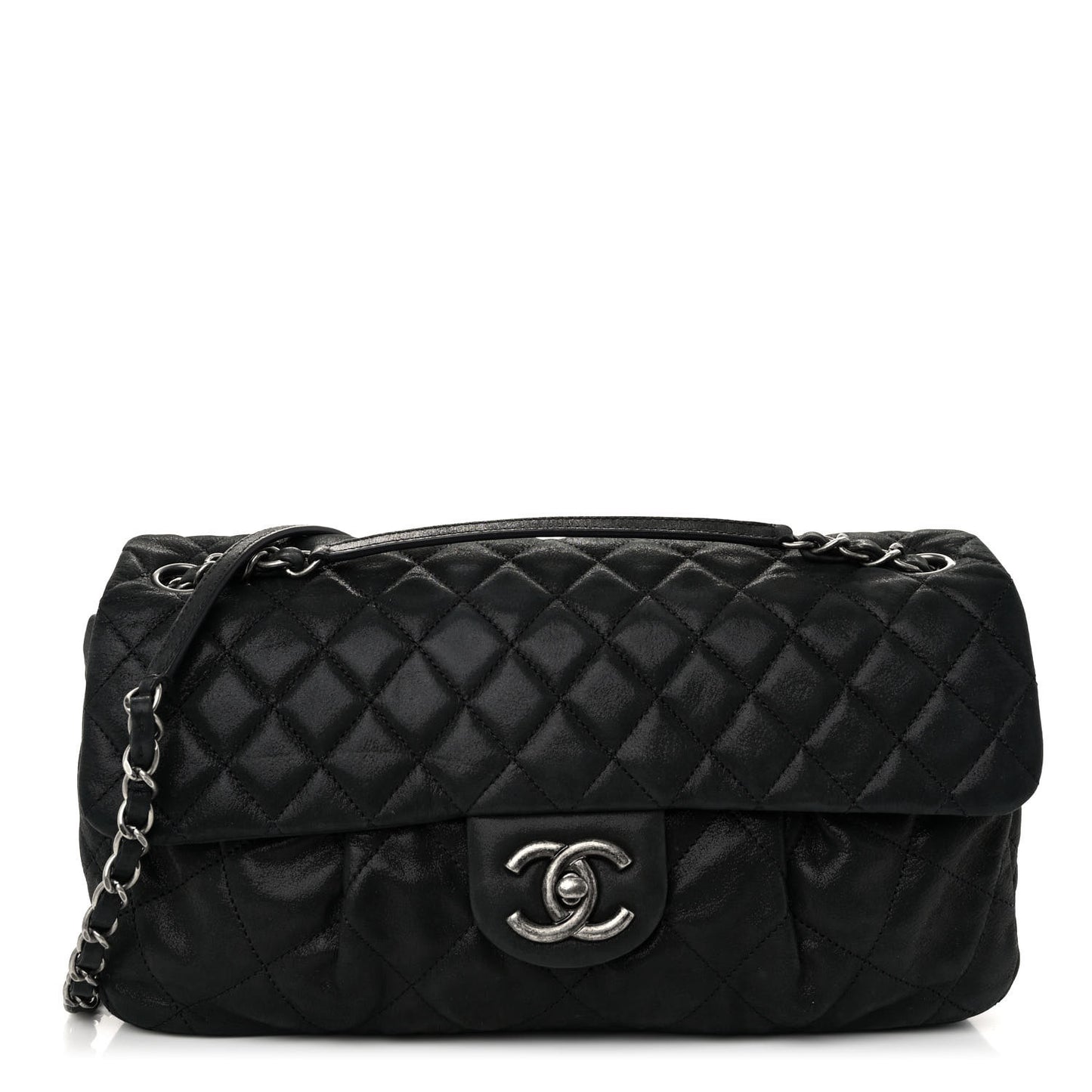 Iridescent Calfskin Large Chic Quilt Flap Black