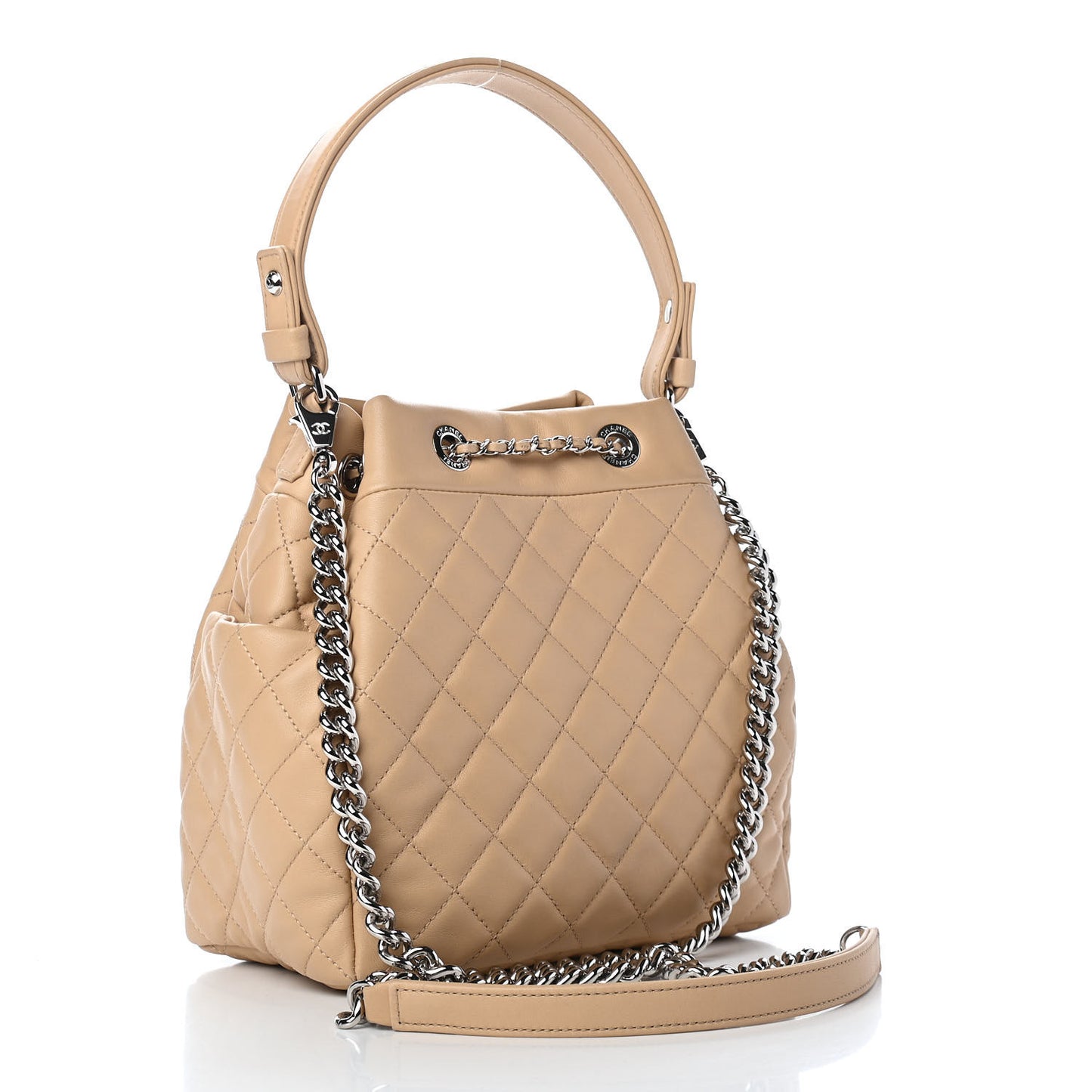 Lambskin Quilted Small CC Chain Bucket Drawstring Bag Light Beige
