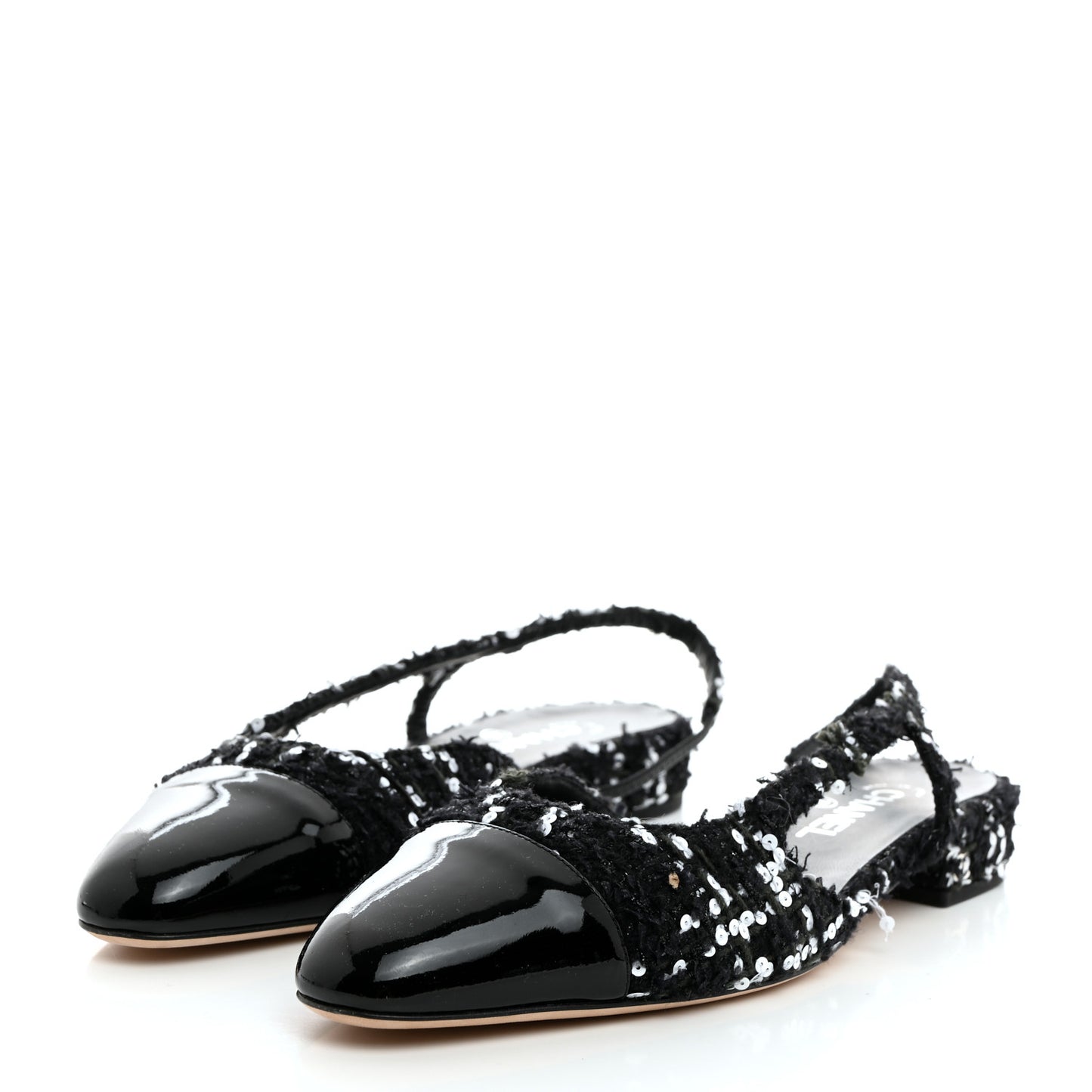 Tweed Sequin Patent Cap Toe CC Slingback Flats 41 Black