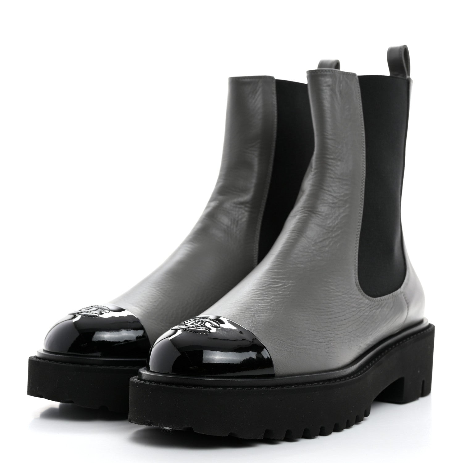 Chanel Crumpled Calfskin Patent Cap Toe Short Boots 39 Dark Grey Black 3 of 9