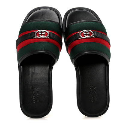 Gucci Nylon Calfskin Web Interlocking G Mens Maverik Slide Sandals 41 Black Green Red 2 of 9