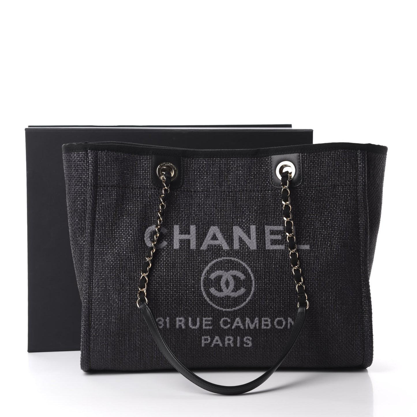 Woven Straw Raffia Small Deauville Tote Black