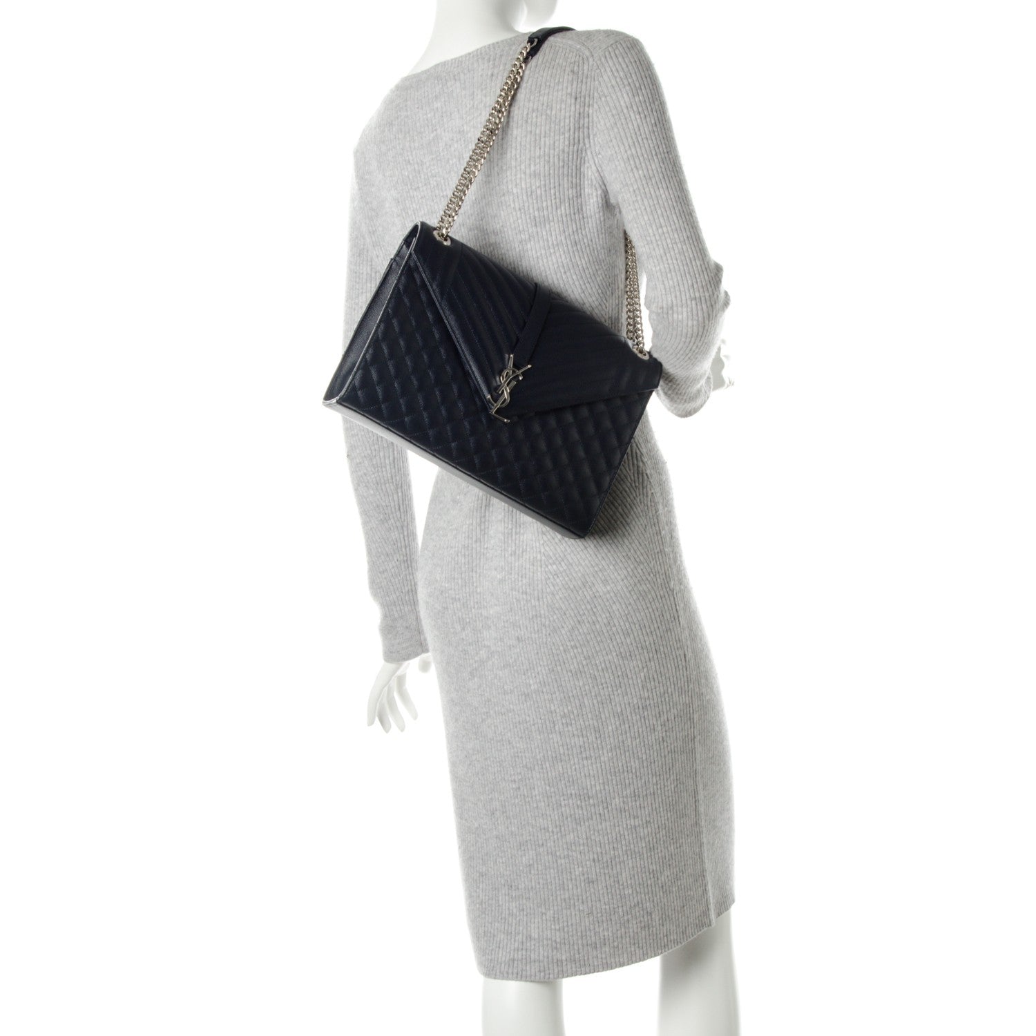 Saint Laurent Grain De Poudre Mixed Matelasse Large Triquilt Monogram Satchel Deep Marine 2 of 8