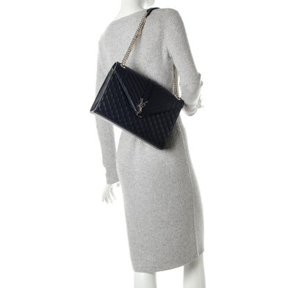 Saint Laurent Grain De Poudre Mixed Matelasse Large Triquilt Monogram Satchel Deep Marine 2 of 8