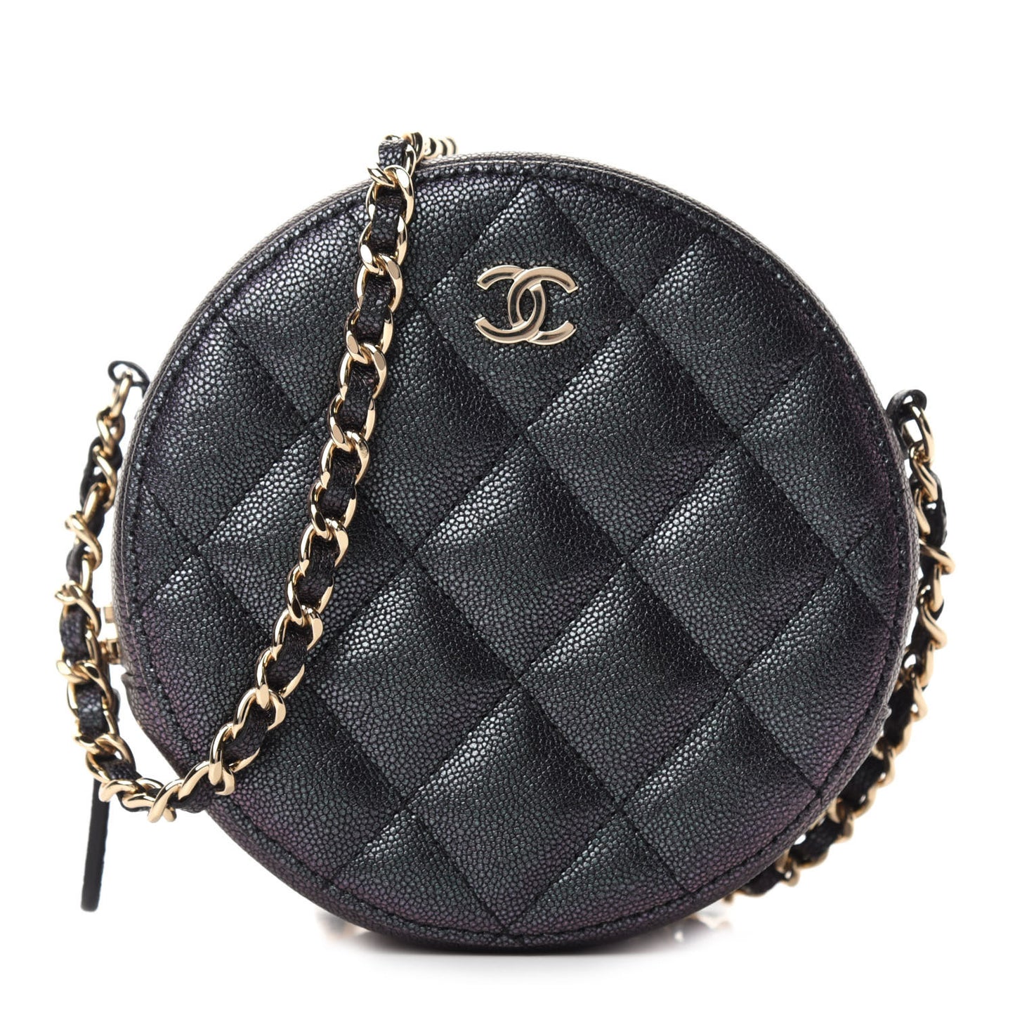 Iridescent Caviar Quilted Round Clutch With Chain Black