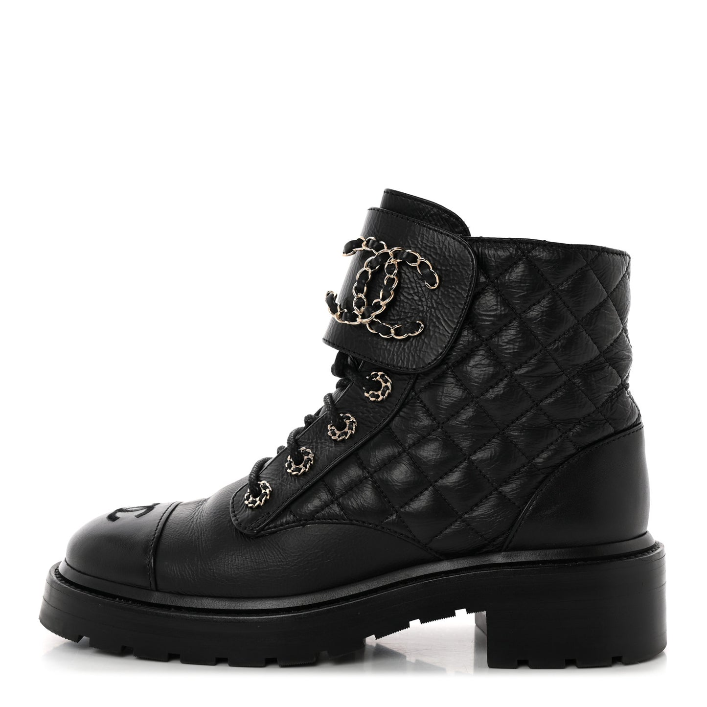 Shiny Calfskin Quilted Lace Up Combat Boots 38 Black