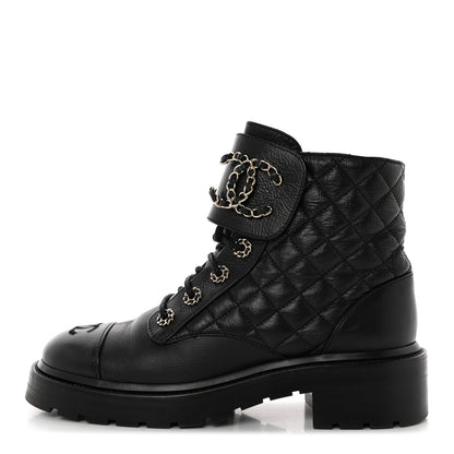 Chanel Shiny Calfskin Quilted Lace Up Combat Boots 38 Black 1 of 14