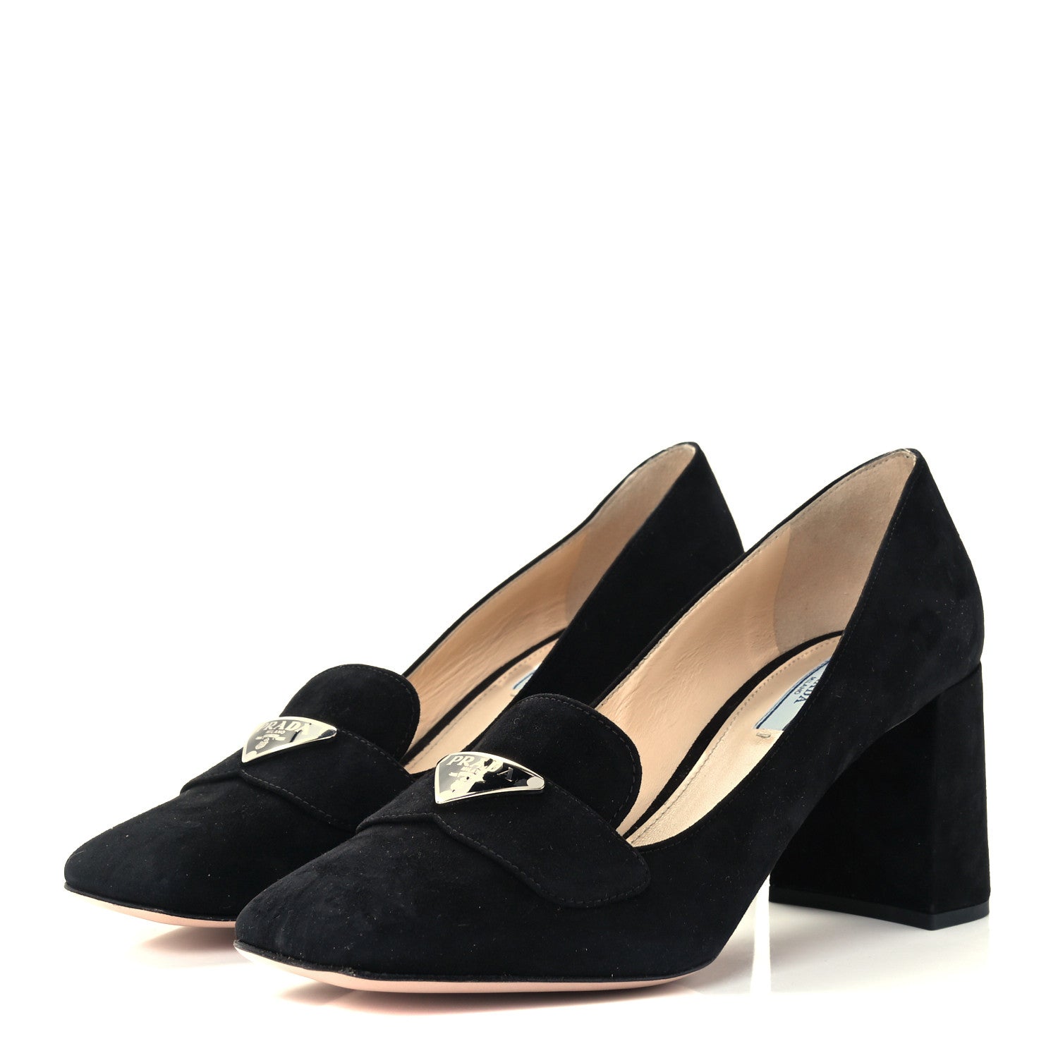 Prada Camoscio Metal Triangle Logo Block Heel 70mm Loafer Pumps 39.5 Black 2 of 9