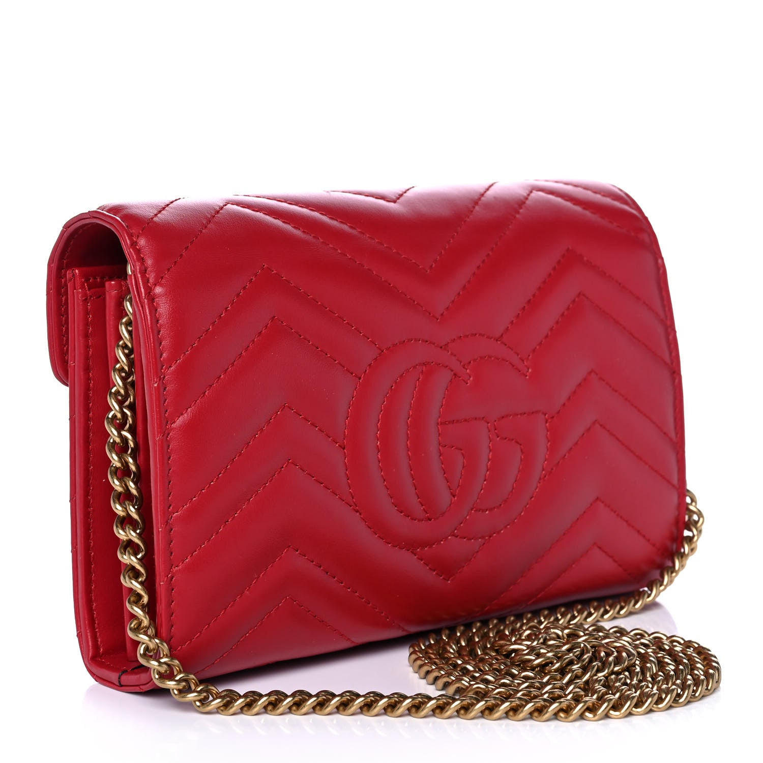 Gucci Calfskin Matelasse GG Marmont Chain Wallet Hibiscus Red 3 of 9