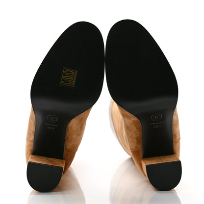 Chanel Suede Calfskin Lambskin Quilted Knee High Heel Boots 38.5 Beige 5 of 9