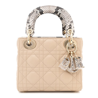 Christian Dior Lambskin Snakeskin Top Handle Cannage Mini Lady Dior Light Beige Multicolor 1 of 11