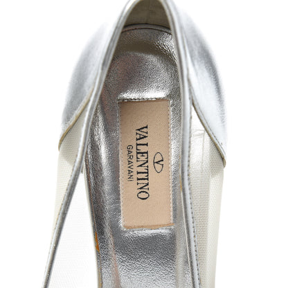 Valentino Garavani Metallic Nappa Mesh Crystal Pearl Peep Toe Pumps 37 Silver 5 of 7