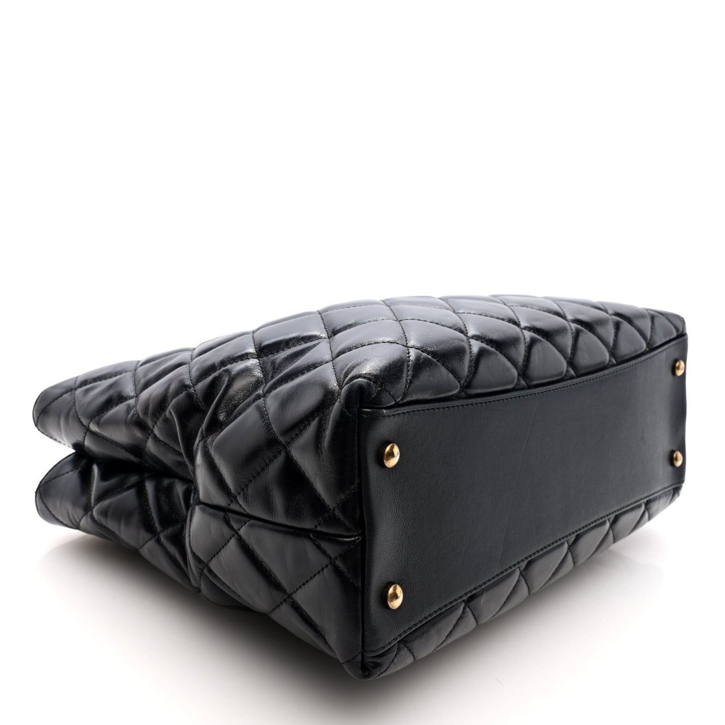 Glazed Calfskin Quilted Gold Bar Tote Black