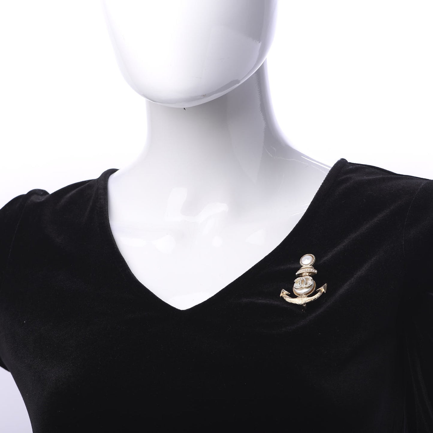 Crystal Pearl CC Anchor Brooch Gold