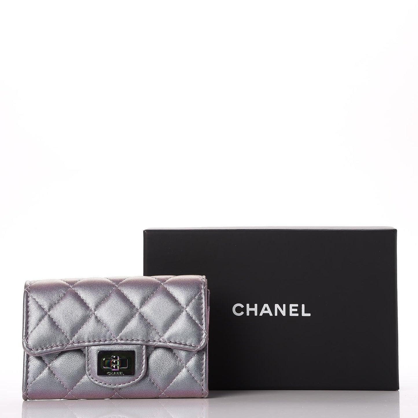 Iridescent Lambskin Quilted Reissue Flap Card Holder Light Purple
