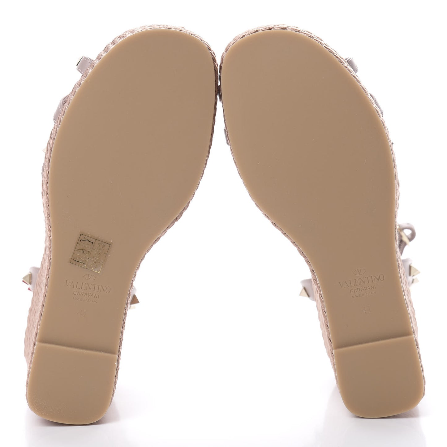Calfskin Rockstud Ankle Strap Torchon Espadrille 25/95mm Wedge Sandals 41 Poudre