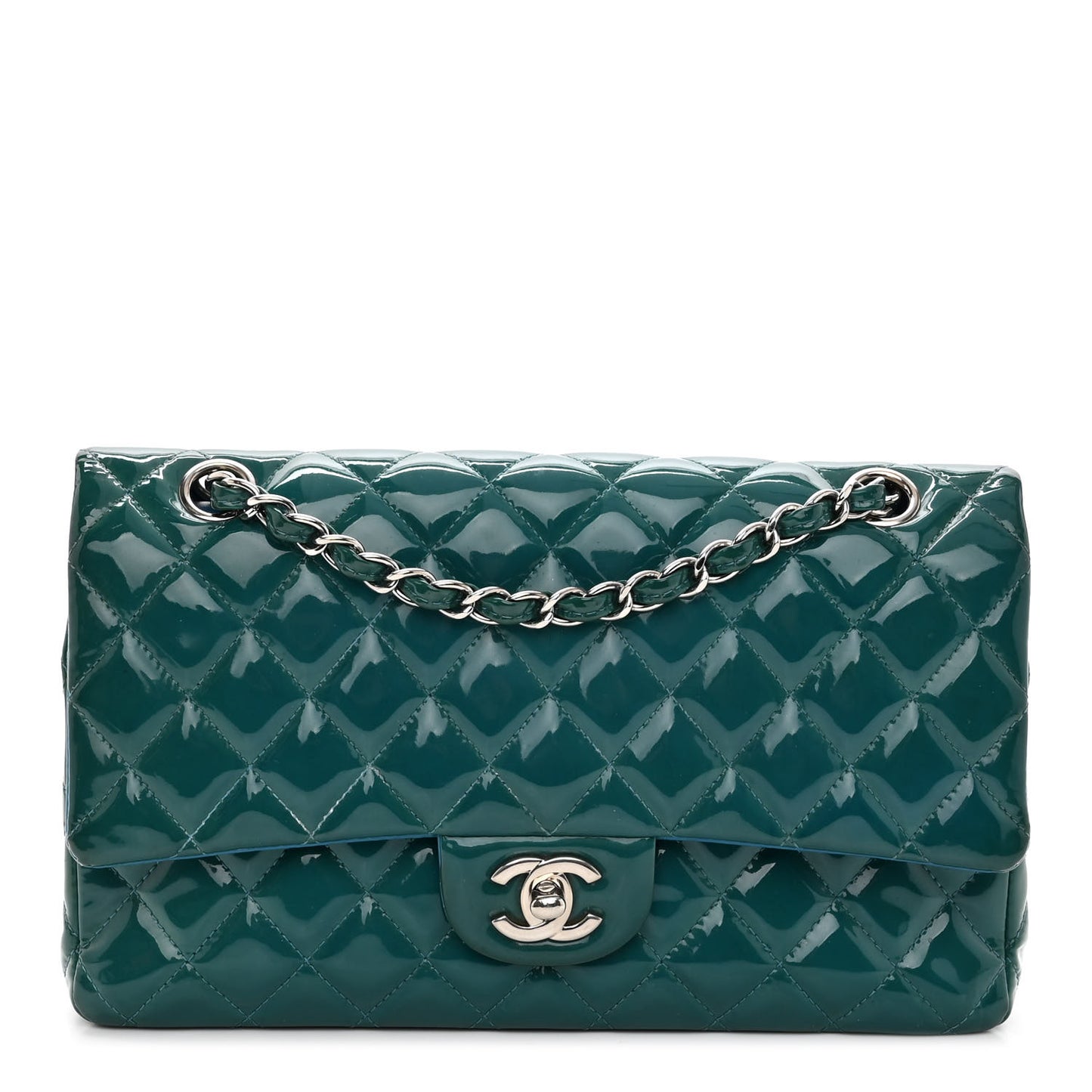 Patent Quilted Medium Double Flap Turquoise