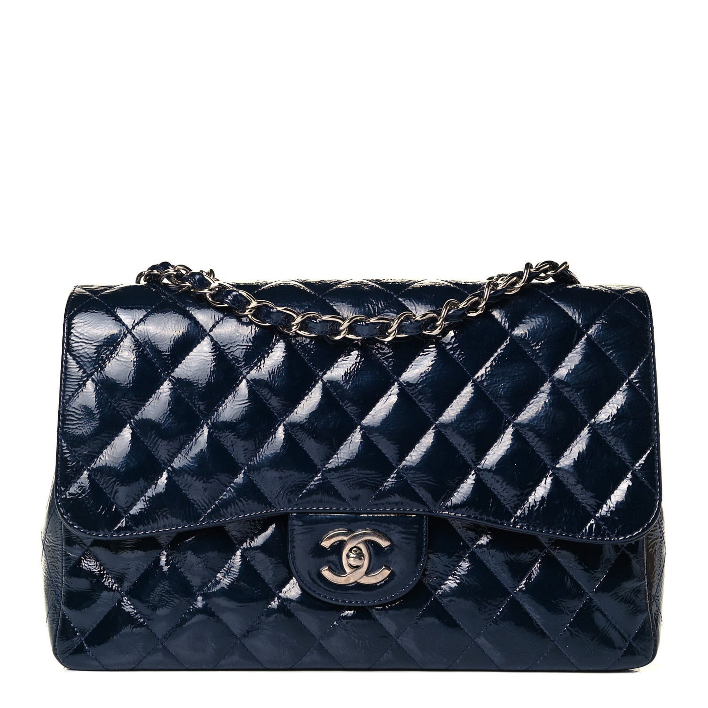 Crinkled Patent Quilted Jumbo Single Flap Dark Navy