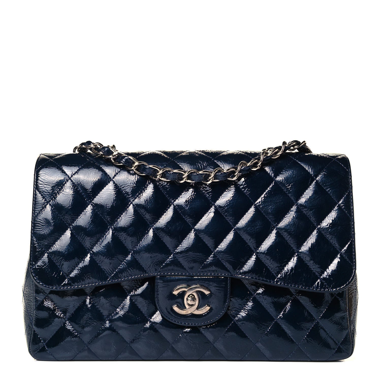Chanel Crinkled Patent Quilted Jumbo Single Flap Dark Navy 1 of 8
