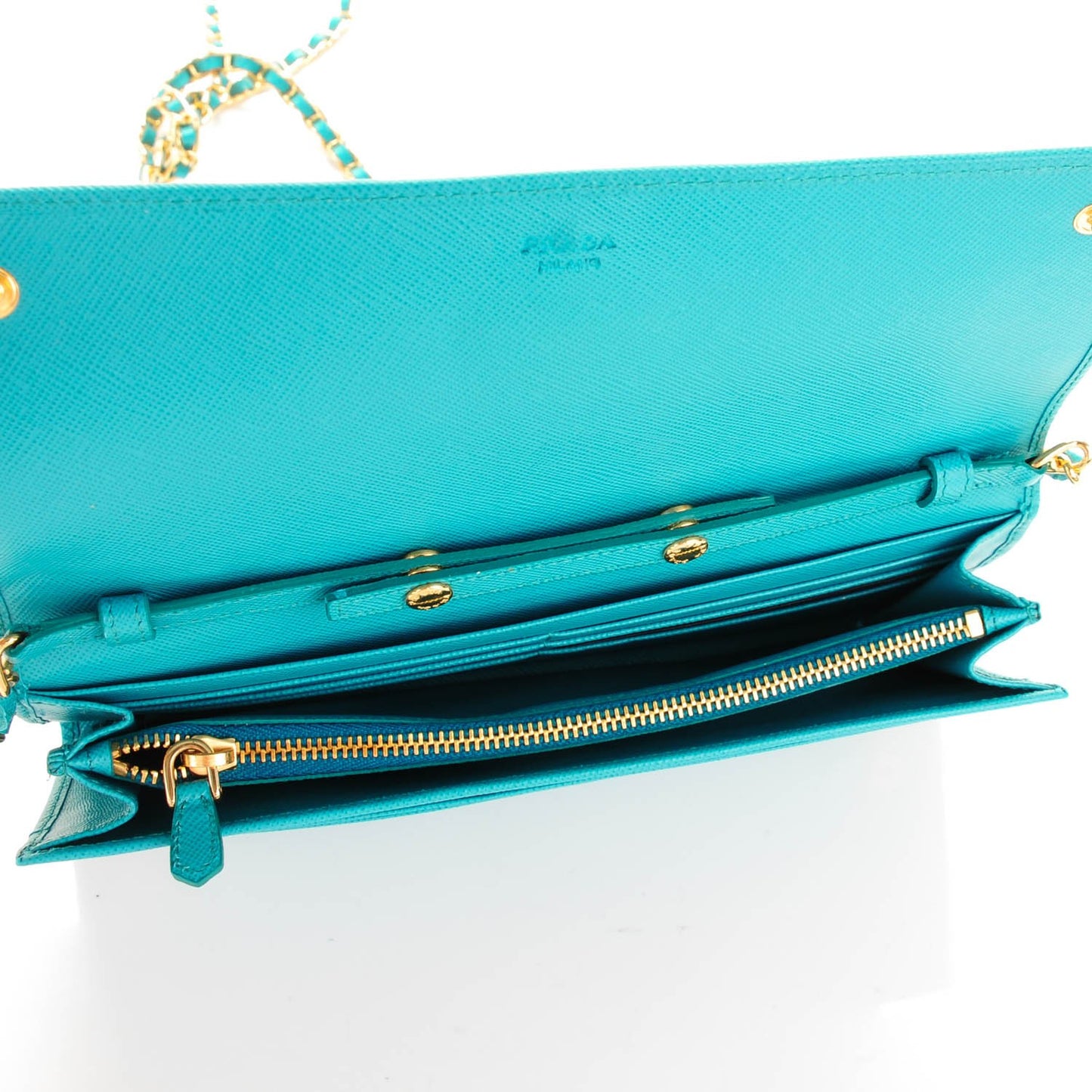 Saffiano Metal Oro Chain Wallet Turchese