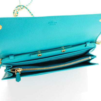 Prada Saffiano Metal Oro Chain Wallet Turchese 5 of 7