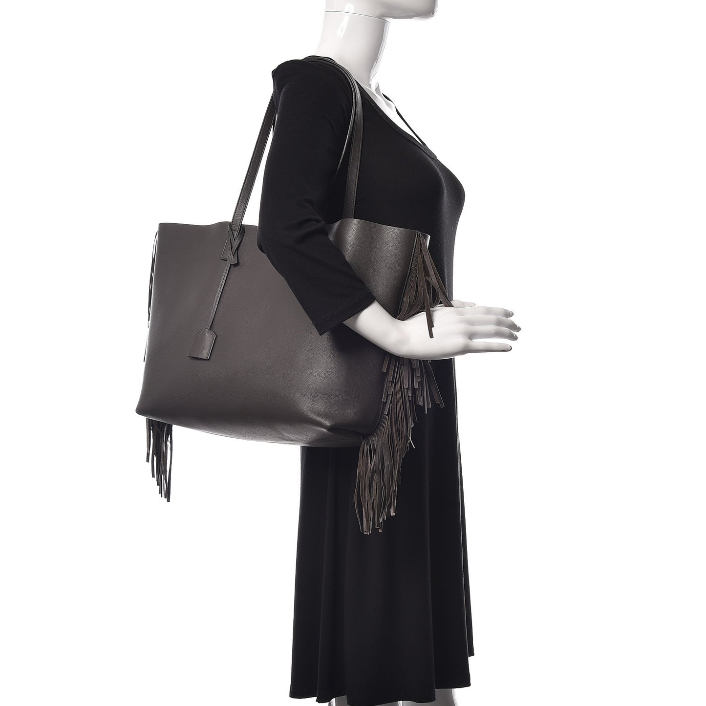 Calfskin Large Fringe Shopping Tote Dark Grey