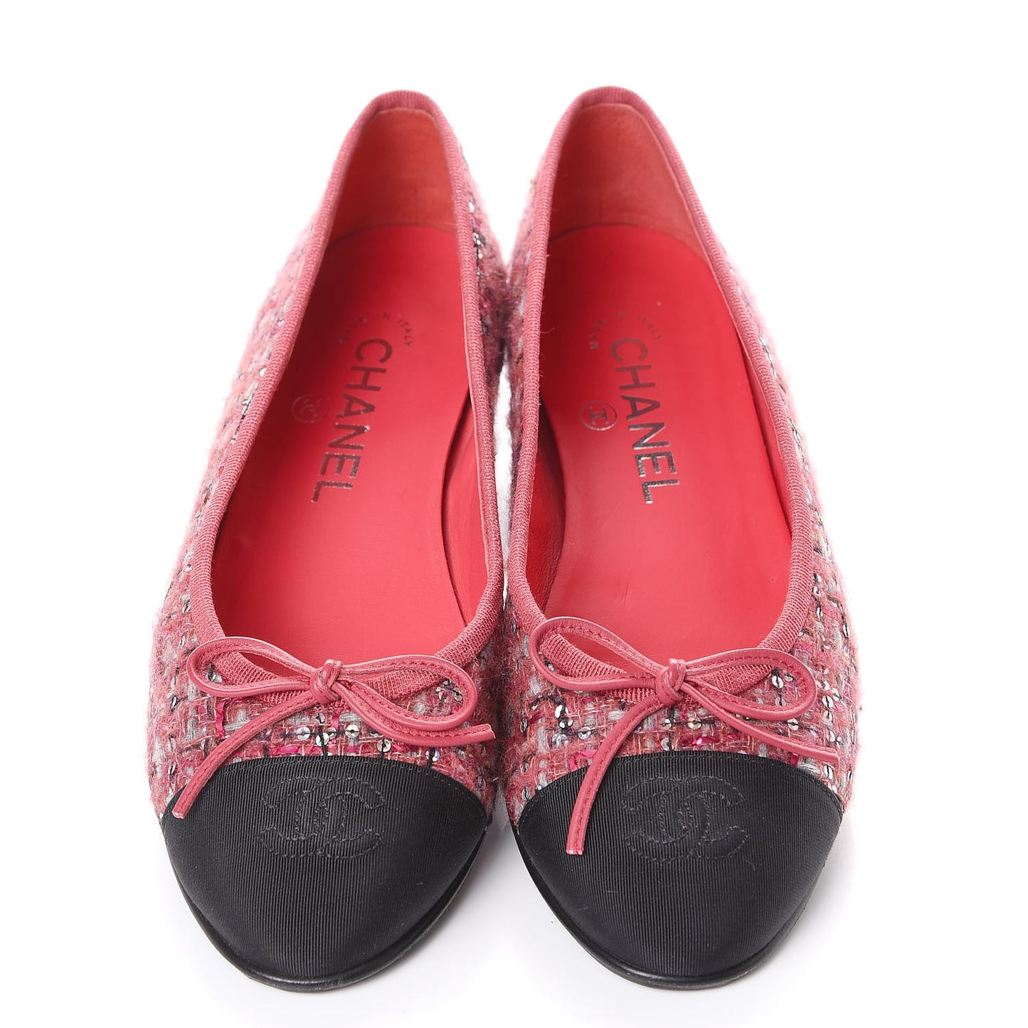 Tweed Grosgrain Sequin Cap Toe Ballerina Flats 37.5 Pink Black