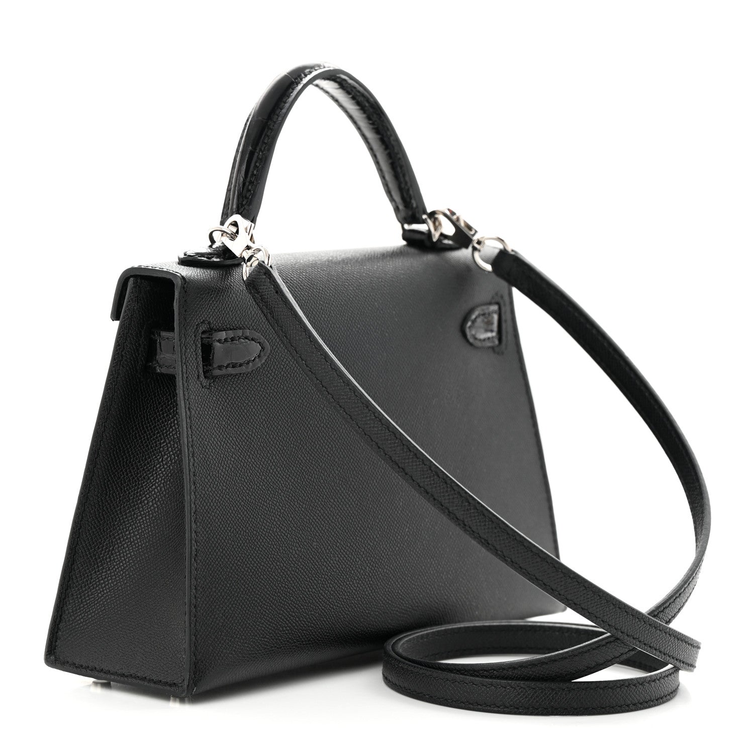 Hermes Madame Calfskin Shiny Alligator Mini Kelly Sellier Touch 20 Black 3 of 11