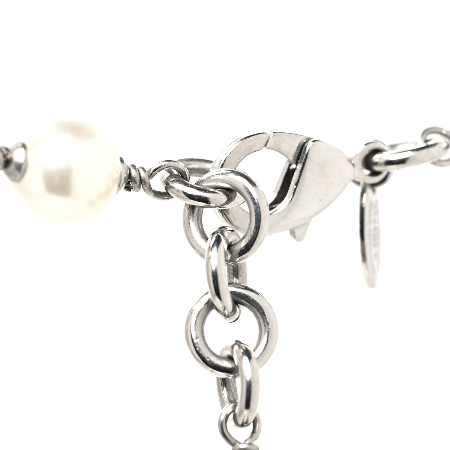 Graduated Pearl Crystal CC Long Necklace Silver