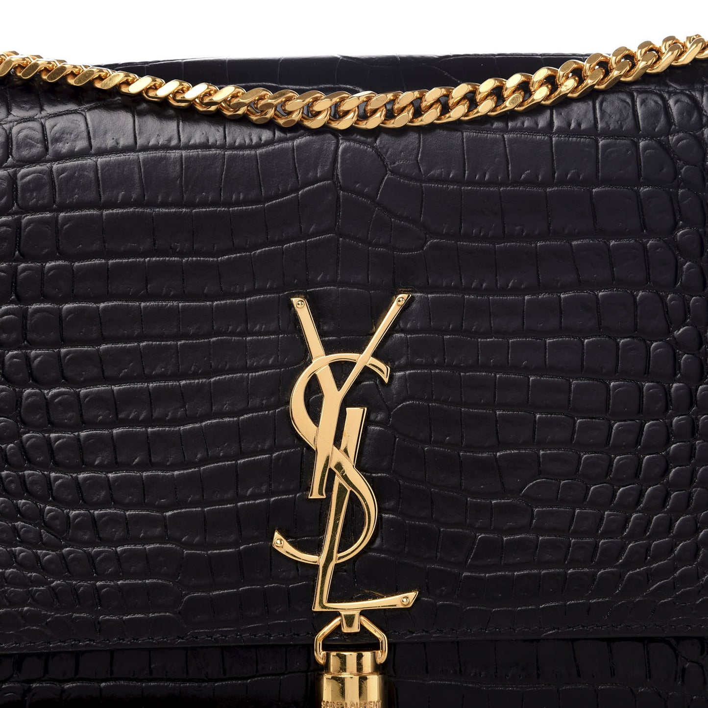 Calfskin Crocodile Embossed Medium Classic Monogram Kate Tassel Satchel Black