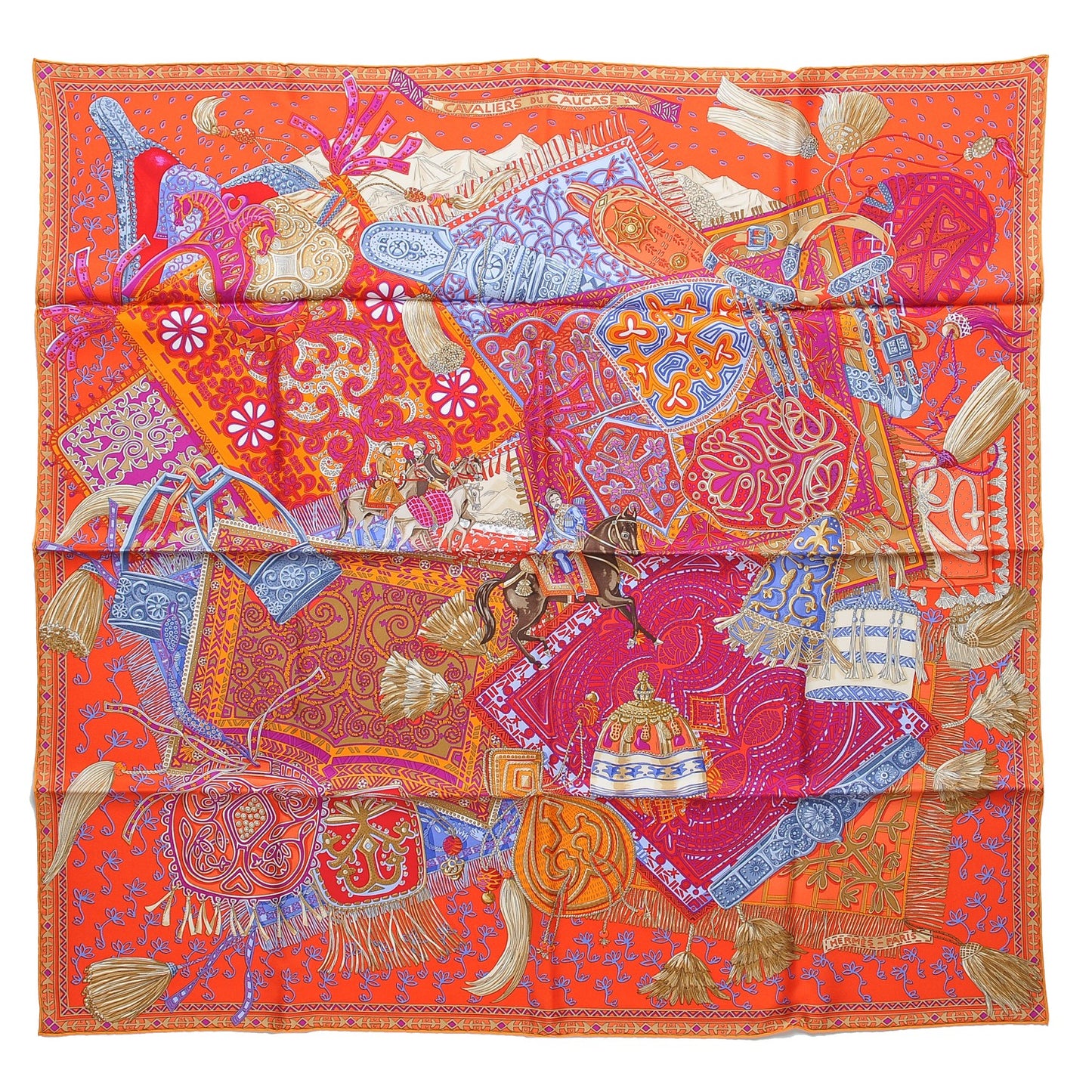 Silk Cavaliers du Caucase Scarf 90 Orange Fuchsia Parme