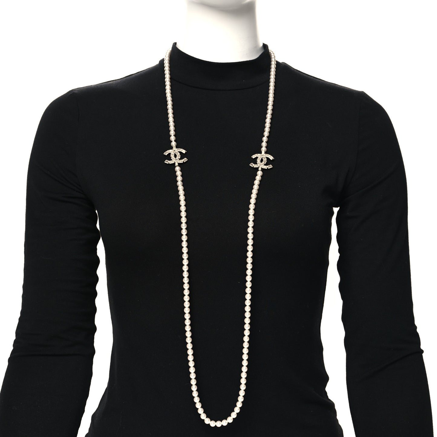 Pearl Baguette Crystal CC Long Necklace  Gold