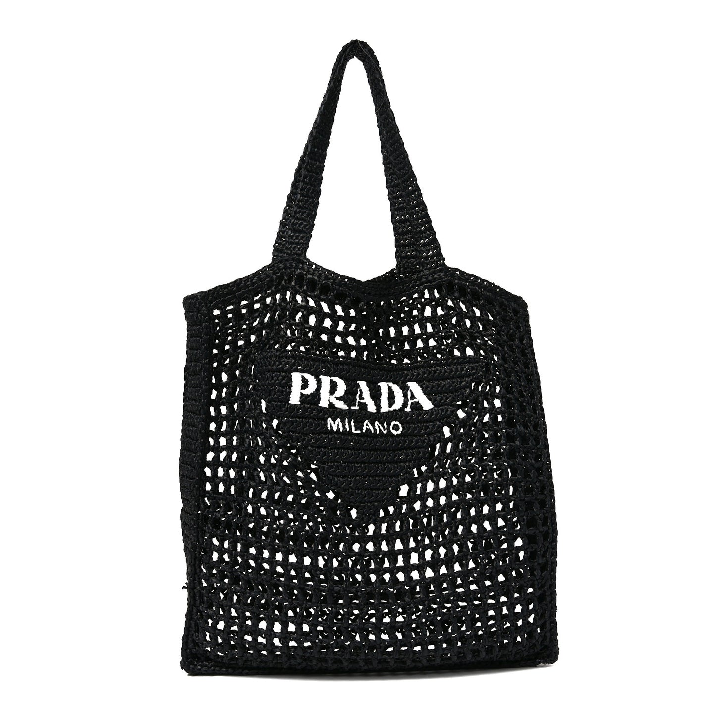 Yarn Raffia Effect Crochet Logo Embroidered Tote Bag Black