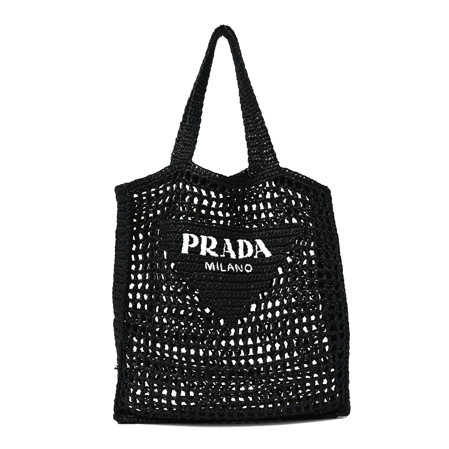 Prada Yarn Raffia Effect Crochet Logo Embroidered Tote Bag Black 1 of 9