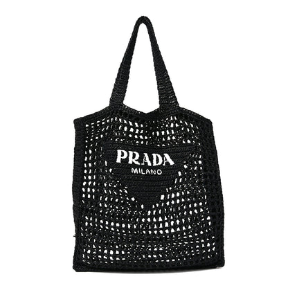 Prada Yarn Raffia Effect Crochet Logo Embroidered Tote Bag Black 1 of 9