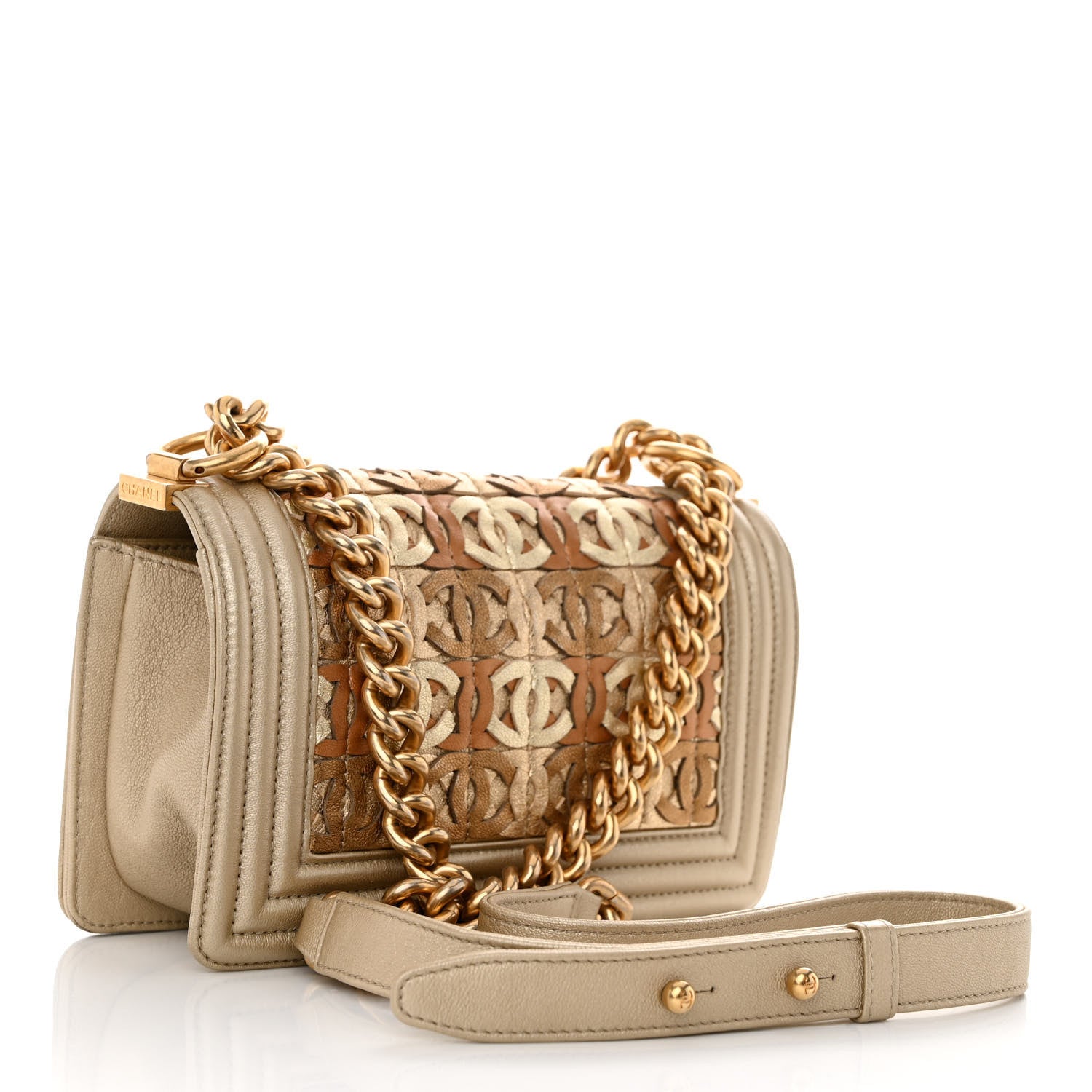 Chanel Metallic Lambskin Small Golden CC Boy Flap Dark Gold 3 of 10