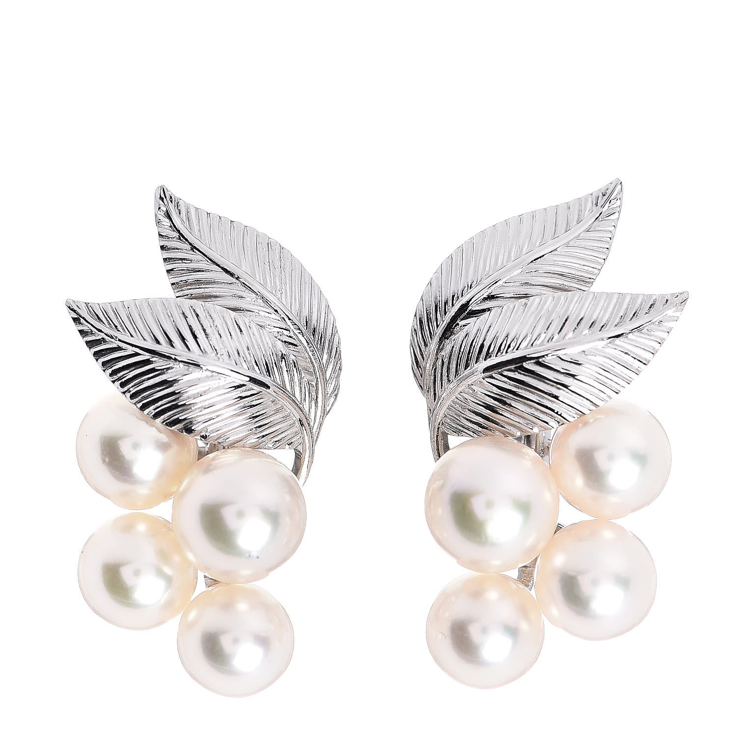 Mikimoto 14K White Gold Akoya Pearl 6-7mm Leaf Screw-Back Earrings 1 of 4