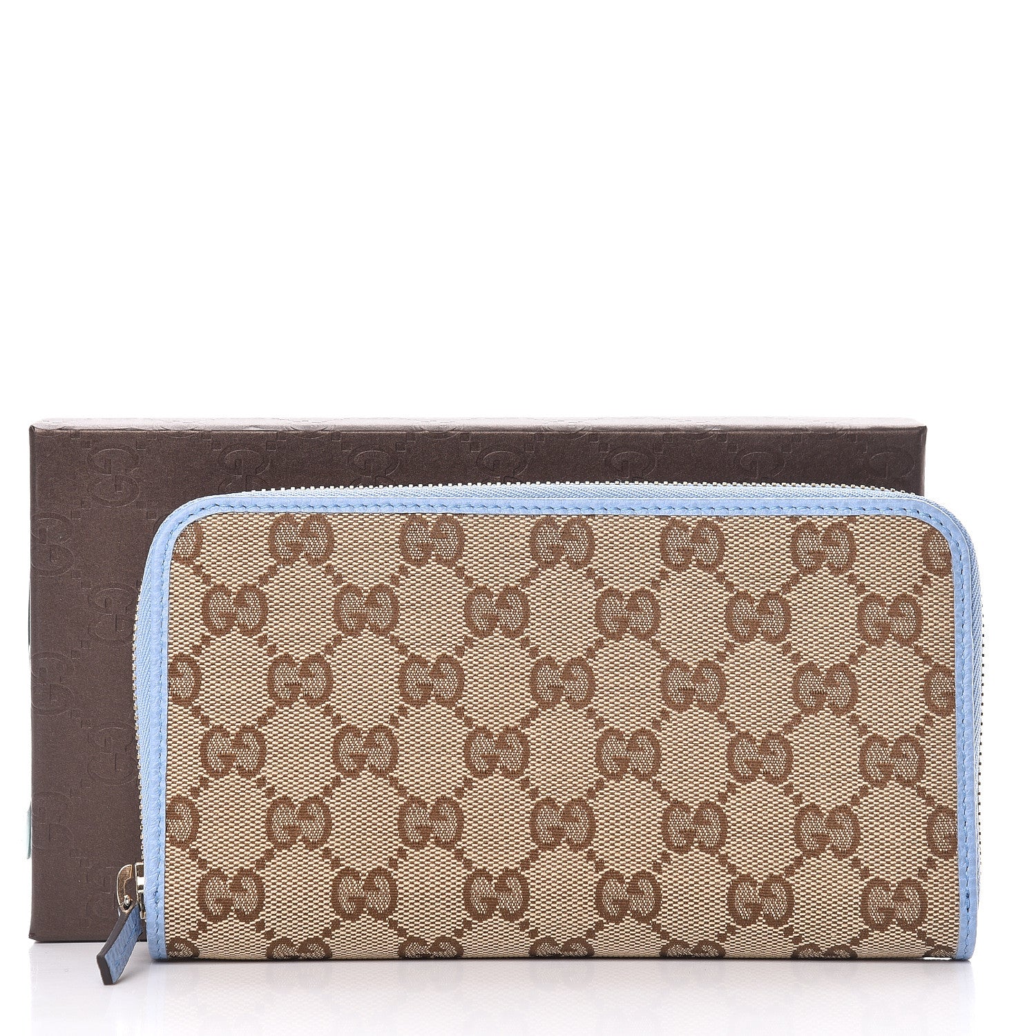Gucci Monogram Dollar Calfskin Zip Around Wallet Beige Ebony Mineral Blue 8 of 8