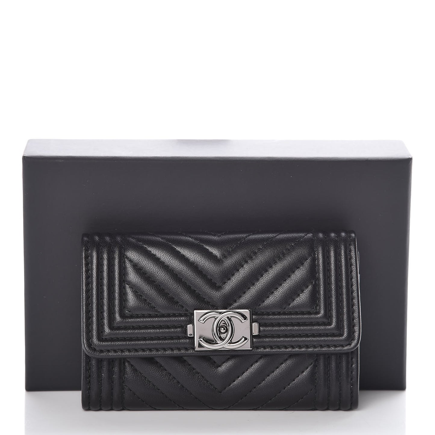 Lambskin Chevron Quilted Boy Card Holder Wallet Black