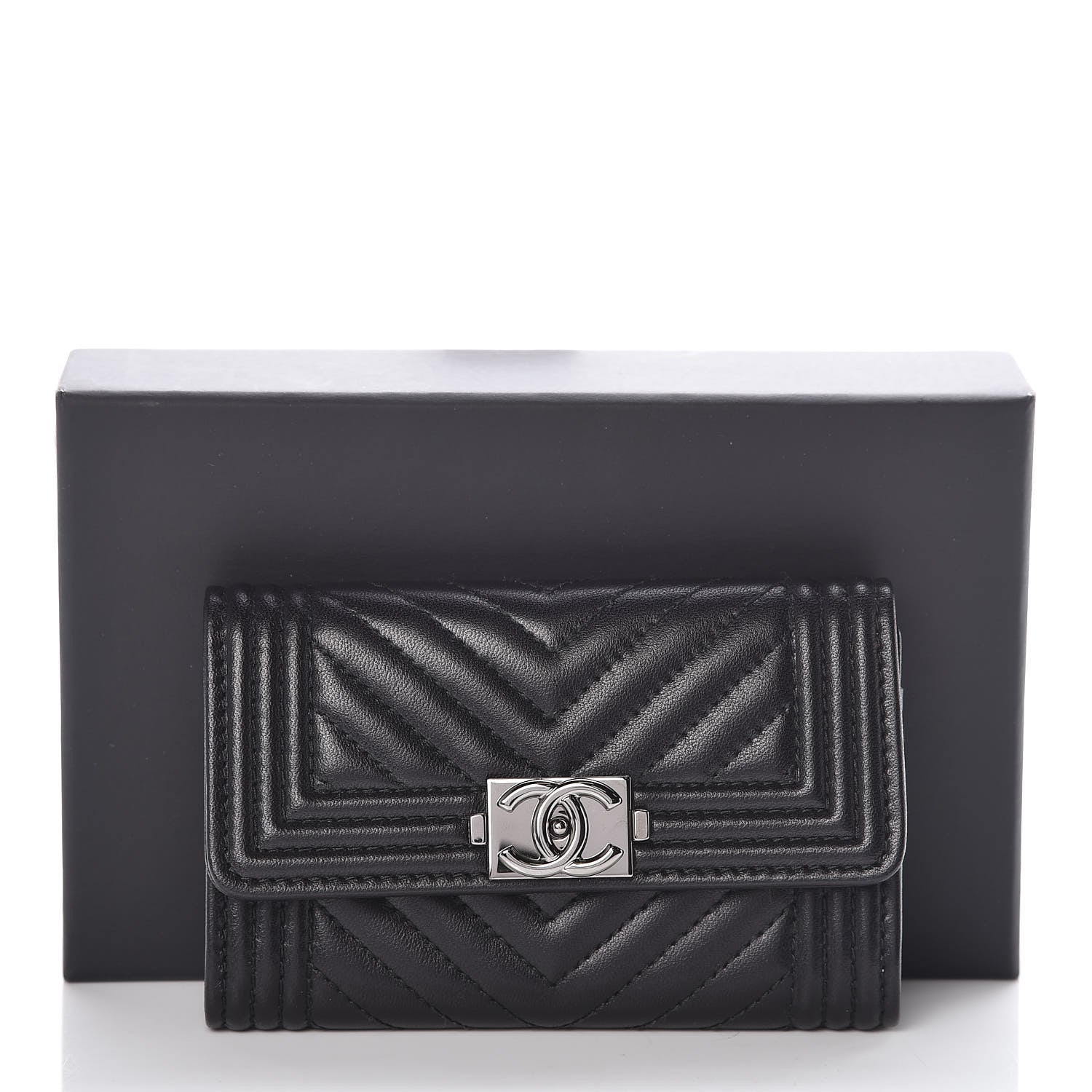 Chanel Lambskin Chevron Quilted Boy Card Holder Wallet Black 9 of 9