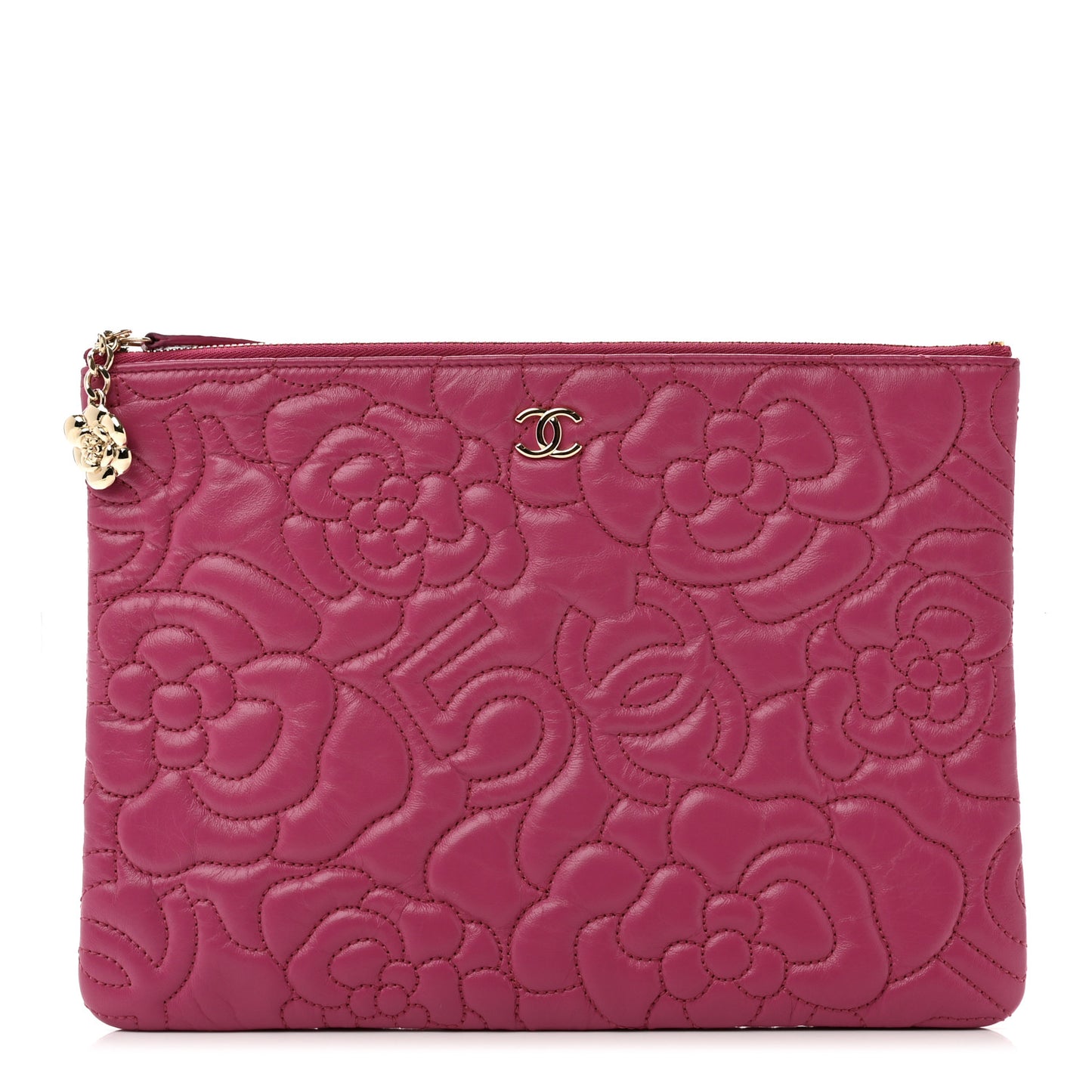 Lambskin Camellia Embossed Medium Cosmetic Case Fuchsia