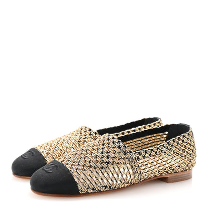 Chanel Knit Grosgrain Cap Toe CC Moccasin Loafers 36 Gold Black 4 of 9