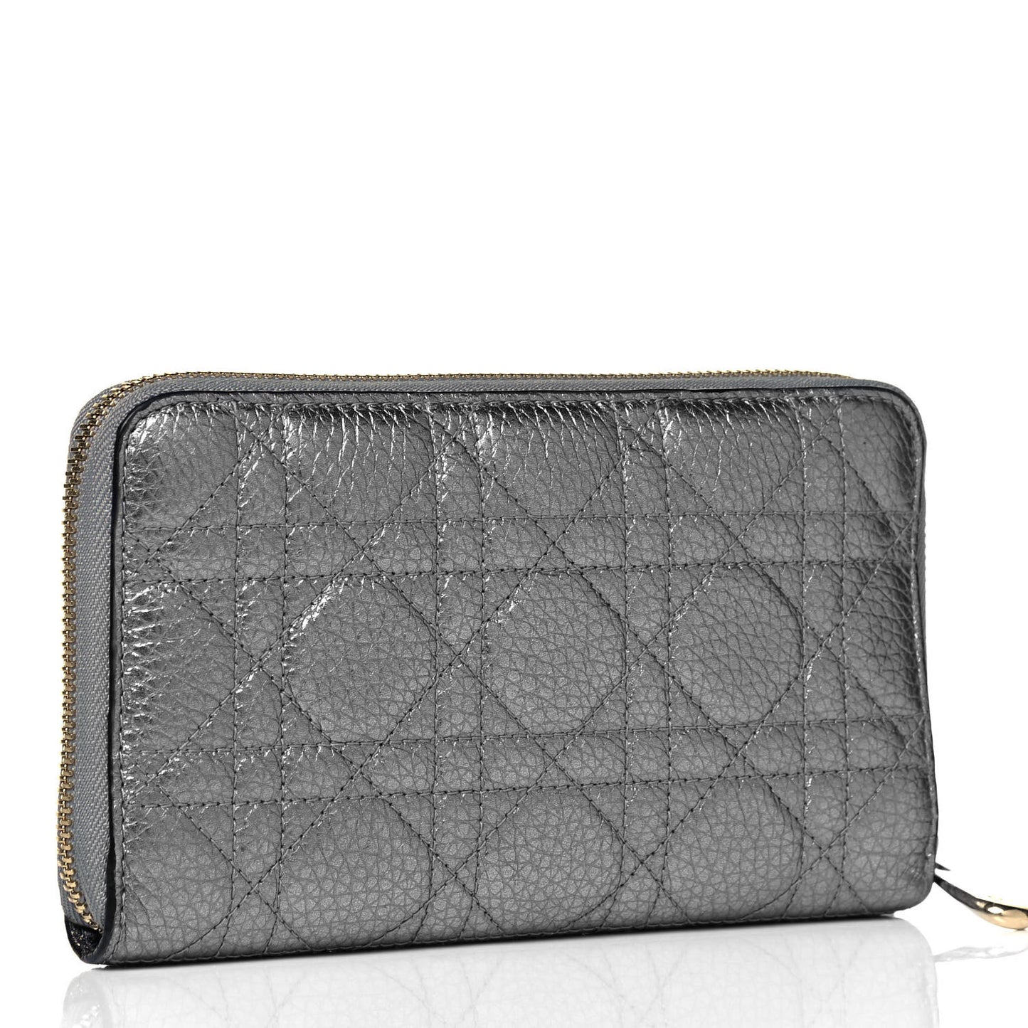 Metallic Grained Calfskin Cannage Lady Dior Zip Wallet Steel