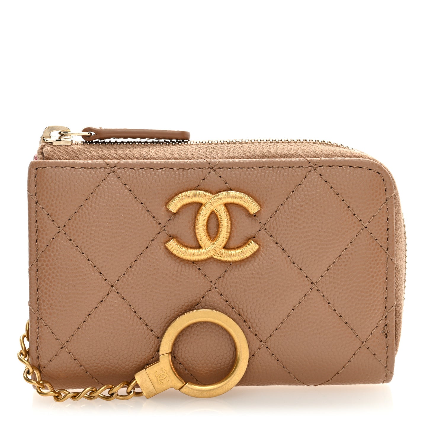 Caviar Quilted Zipped Key Holder Case Dark Beige