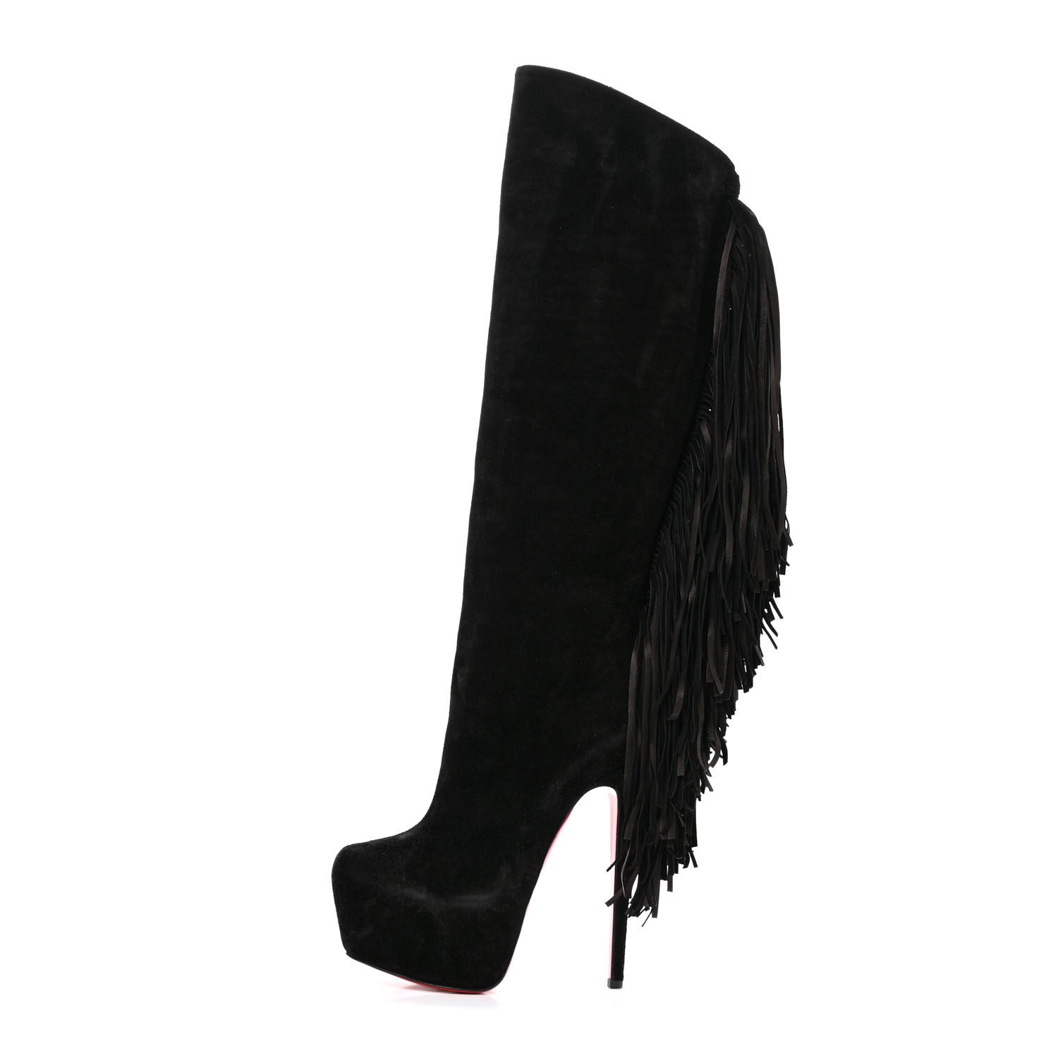 Christian Louboutin Suede Fringe Interlopa 160 Over The Knee Boots 37.5 Black 1 of 8