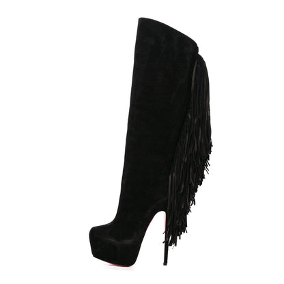 Christian Louboutin Suede Fringe Interlopa 160 Over The Knee Boots 37.5 Black 1 of 8