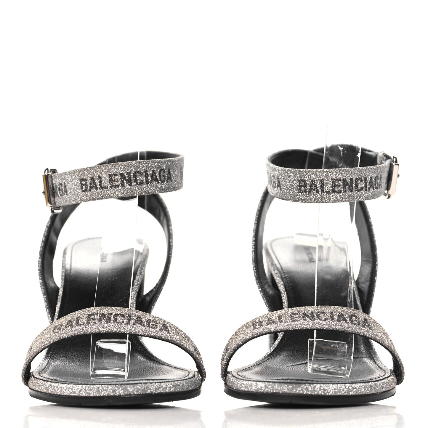 Glitter Allover Logo Ankle Strap Round Heel 80mm Sandals 38 Silver Black