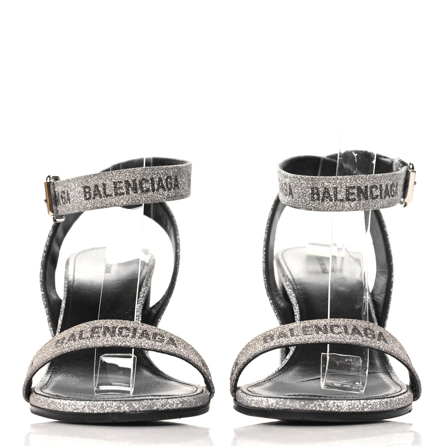 Balenciaga Glitter Allover Logo Ankle Strap Round Heel 80mm Sandals 38 Silver Black 3 of 9